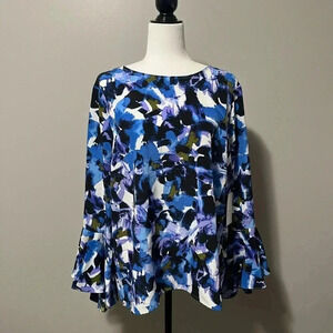 H by Halston Long Bell Sleeve Blue Floral  Print Blouse